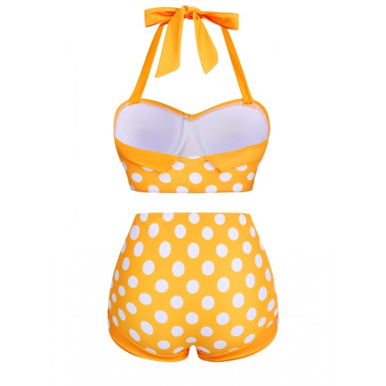 Yellow  Polka Dots Halter Bikini Set