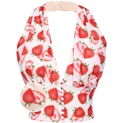 Red  Halter Strawberry Button Tops