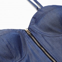 Blue  Spaghetti Strap Zipper Top With Belt