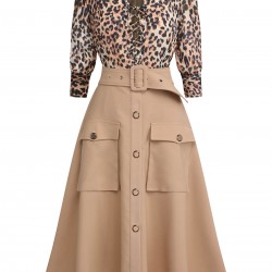 2PCS  Leopard Lapel Romper & Khaki Skirt