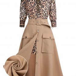 2PCS  Leopard Lapel Romper & Khaki Skirt