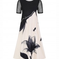 Plus Size Black & White  Ink Lotus Sheer Sleeve Dress