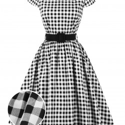 Plus Size Black  Gingham Plaid Belted Swing Dress
