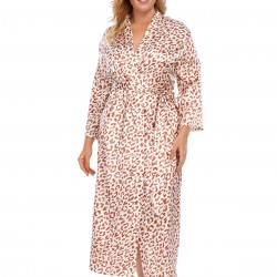 Plus Size  Leopard Wrap Lace-Up Pajama Robe