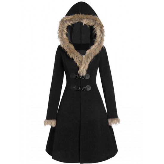  Solid Buckle Fur Trimmed Coat