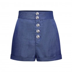 Denim Blue  Solid Buttons Shorts