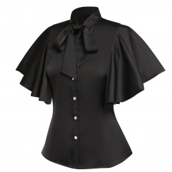 2PCS  Black Solid Blouse & Suspender Skirt