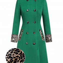 Green  Leopard Patchwork Button Coat