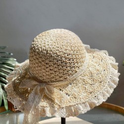Beige Hand-made Lace Bow Sun Hat