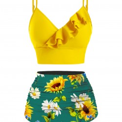 2PCS Yellow  Sunflower Ruffles V-Neck Swimsuit