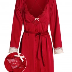 2PCS Red  Lace Patchwork Nightgown